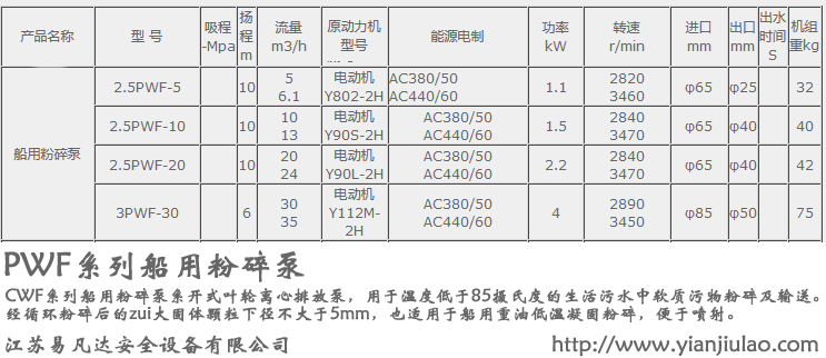 2.5PWF-5/10/20船用粉碎泵,CCS船检3PWF-30船舶粉碎泵