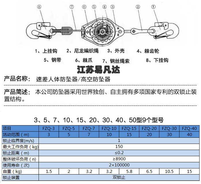 高空防坠器,3-60M防坠落装置,速差人体防坠钢丝绳自锁器