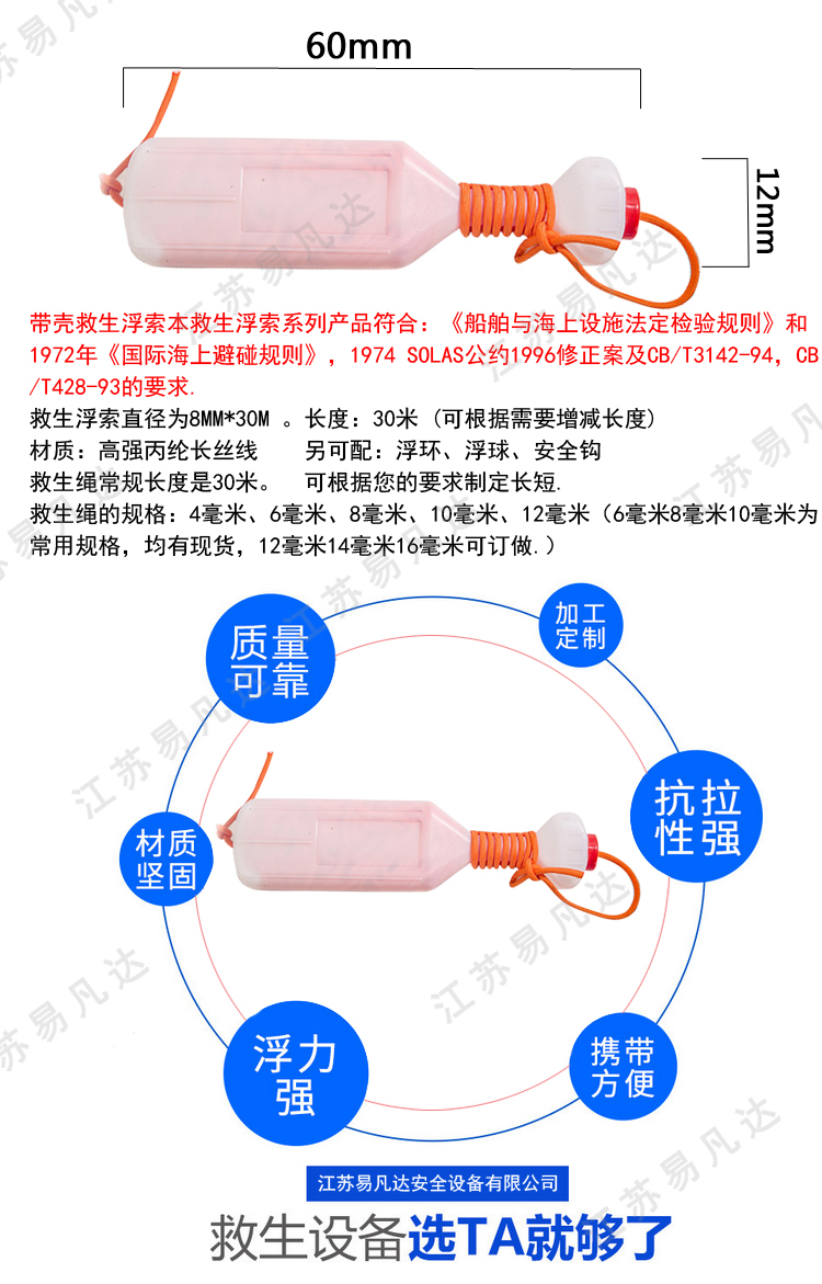 带壳子救生浮索、救生圈浮索带壳子、带壳的救生绳、浮壳式救生浮索救生圈用