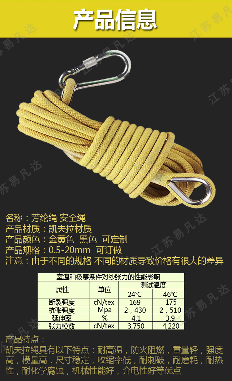 凯夫拉材质防火绳、防火阻燃凯夫拉绳子、6/8/10/12毫米耐高温芳纶绳、凯夫拉安全绳