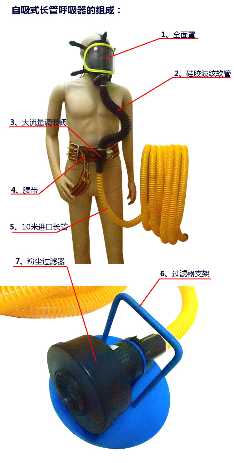 自吸式长管呼吸器、单人长管防毒面具呼吸器、防毒尘氨气化工喷漆硅胶面具面罩