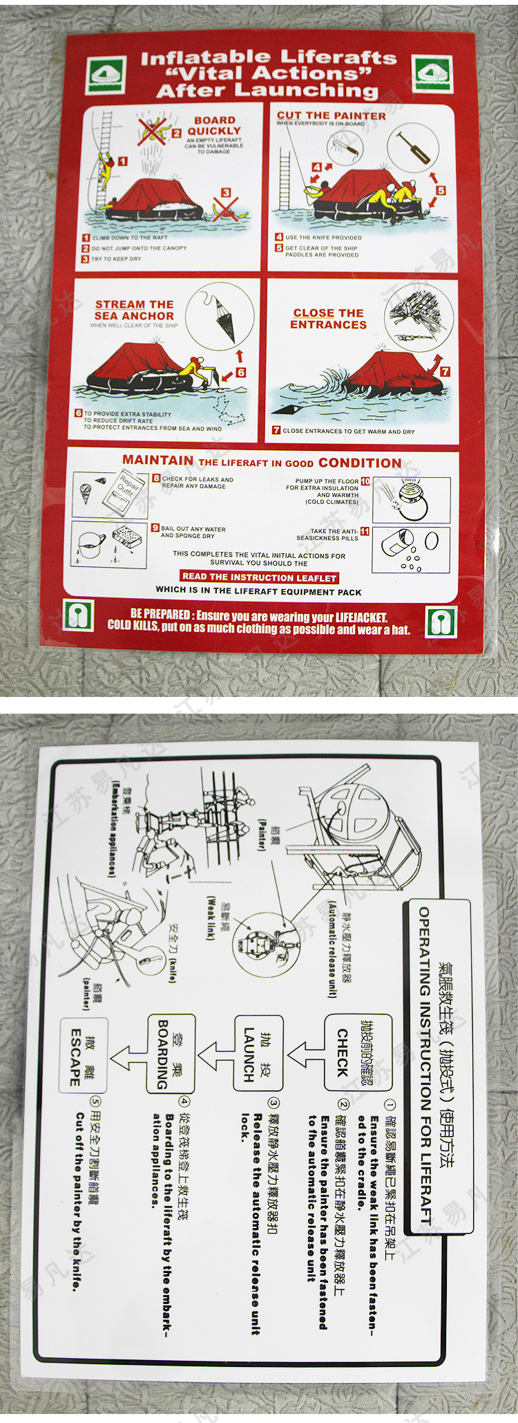 船用海报示意图、船用安全训练海报、救生艇救生筏释放步骤、救生艇自由降落程序